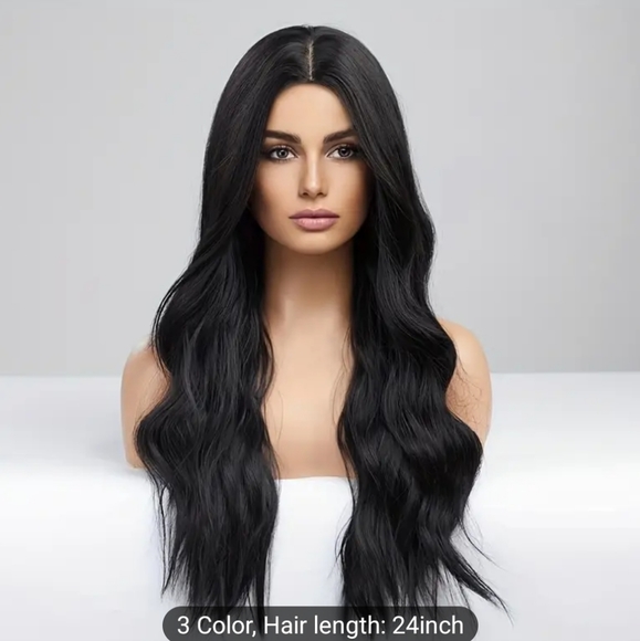 24 Inch Long Black Wig Middle Part For Women Natural Synthetic Hair - Picture 2 of 6